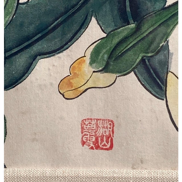 1920s Chinese Painting on Silk, Chop Signed, Pink Flower Green Leaves For Sale - Image 4 of 6