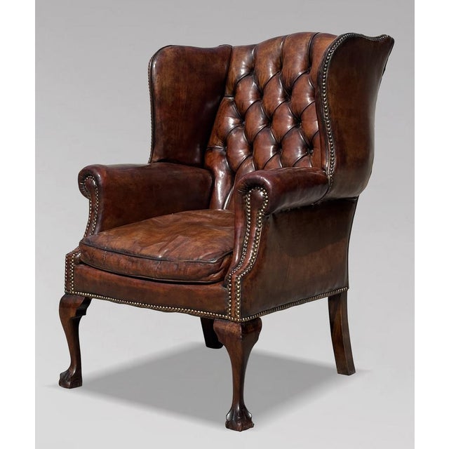 Antique Wing Chair in Brown Leather, 1890 For Sale - Image 9 of 9