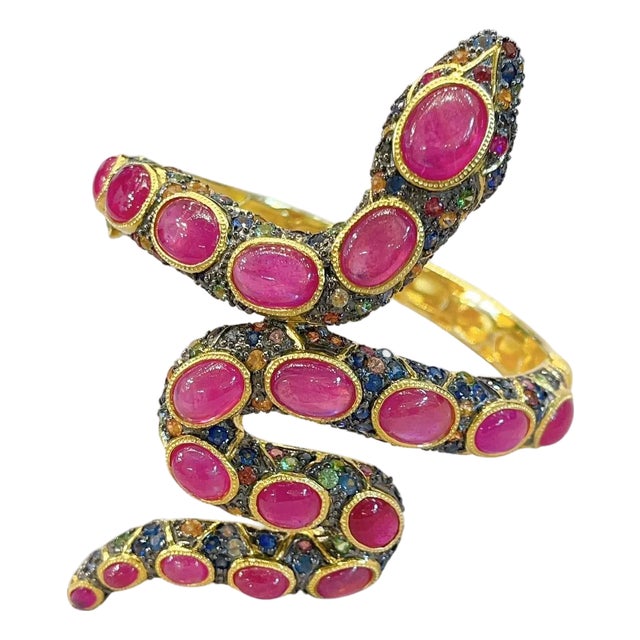 Bochic “Orient” Vintage Serpent Fancy Sapphire & Ruby Bangle - 18K Gold & Silver For Sale