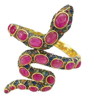 Bochic “Orient” Vintage Serpent Fancy Sapphire & Ruby Bangle - 18K Gold & Silver