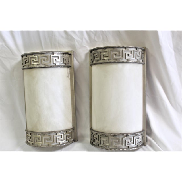 Mid-Century Modern Art Deco Alabaster Sconces, Antique Silver Patina - a Pair For Sale - Image 10 of 10