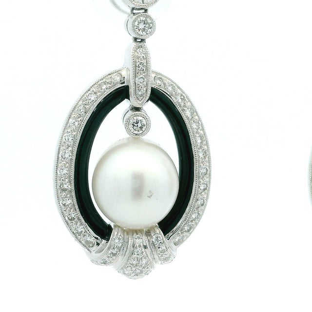 Vintage 18k White Gold South Sea Pearl, Onyx and 5 Carat Diamond Earrings, Pair For Sale - Image 9 of 10