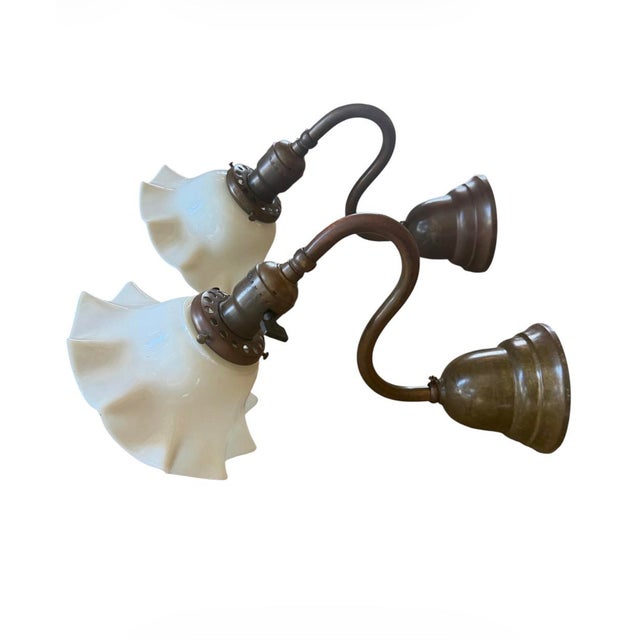 Contemporary Rare Antique Brass and Wavy Milk Glass Wall Sconces - A Pair For Sale - Image 3 of 8