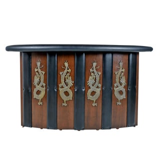 Custom-Made Large Asian Modern Black Tufted Vinyl Bar with Carved Wood Dragons For Sale