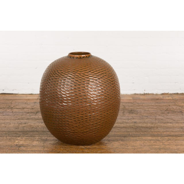 Contemporary Prem Collection Handcrafted Brown Vase with Textured Honeycomb Style Motifs For Sale - Image 3 of 12