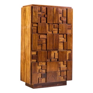 Lane Staccato Brutalist Mid Century Walnut Highboy Armoire Dresser For Sale