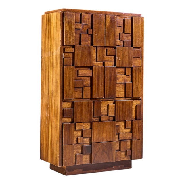 Lane Staccato Brutalist Mid Century Walnut Highboy Armoire Dresser For Sale