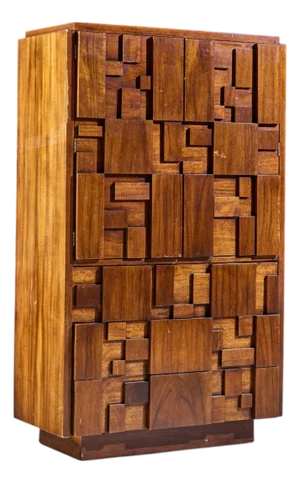 Lane Staccato Brutalist Mid Century Walnut Highboy Armoire Dresser