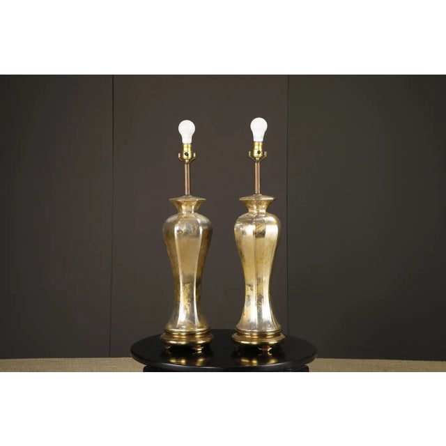 1950s 1950s Italian Mercury Glass Table Lamps With Gilt Brass Bases, Murano - a Pair For Sale - Image 5 of 15