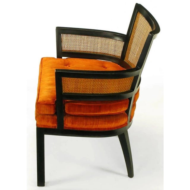 1950s Pair of Baker Ebonized Mahogany and Cane Button Tufted Armchairs For Sale - Image 5 of 8