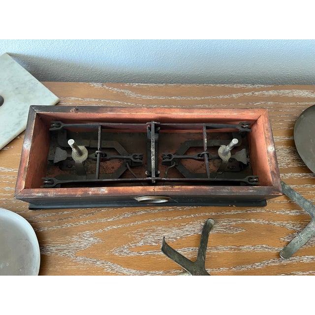Wood Antique French Bruyat Lyon Marble Top Kitchen & Culinary Balance Scale Ebonized Base and Brass Pans For Sale - Image 7 of 12