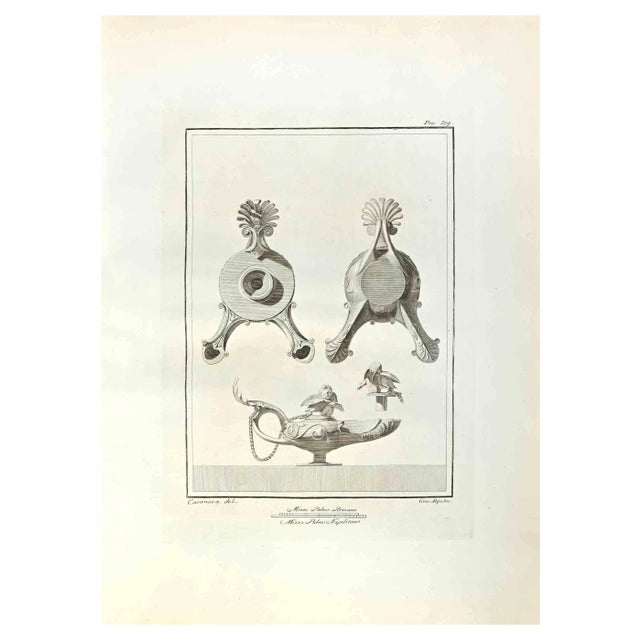 Giuseppe Aloja, Oil Lamps with Cupid, Etching, 18th Century For Sale