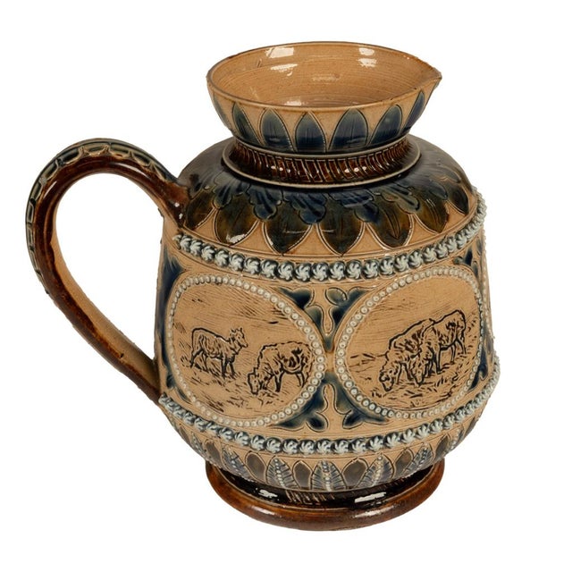 Antique Aesthetic Movement Doulton Lambeth Hannah Barlow Stoneware Jug Sheep, 1873 For Sale - Image 12 of 17