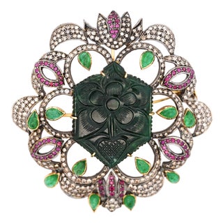 Antique Victorian Carved Jade, Emerald, Ruby, Diamond Gold Pendant or Brooch For Sale
