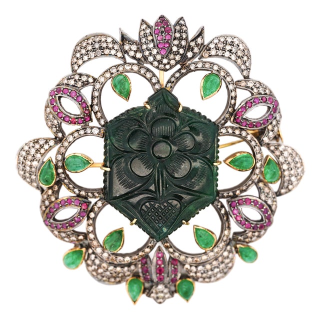 Antique Victorian Carved Jade, Emerald, Ruby, Diamond Gold Pendant or Brooch For Sale