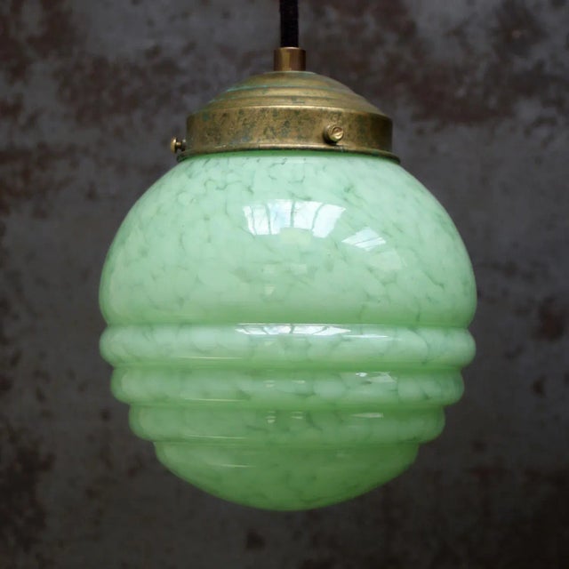 French “Clichy” green coloured glass pendant lamp Brass glass holder 2 meter black cotton flex E26 / E27 Up to 250V...