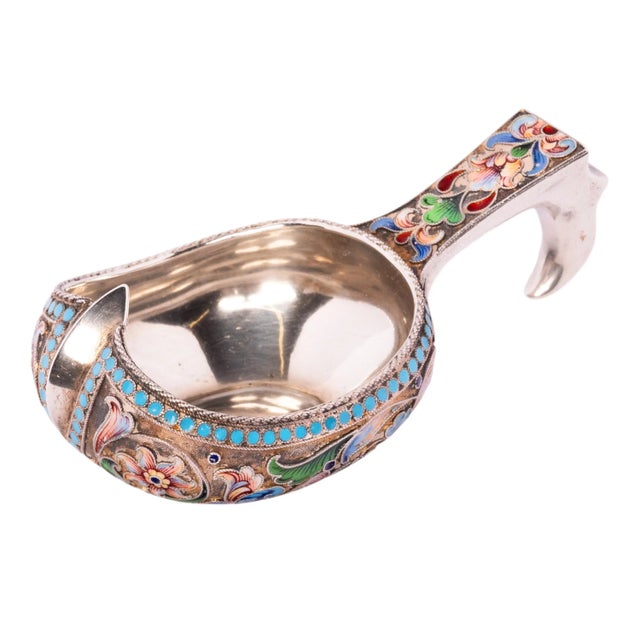 Antique Imperial Russian Silver Gilt Cloisonne Kovsh Nikolay Strulev Moscow 1908 For Sale - Image 9 of 10