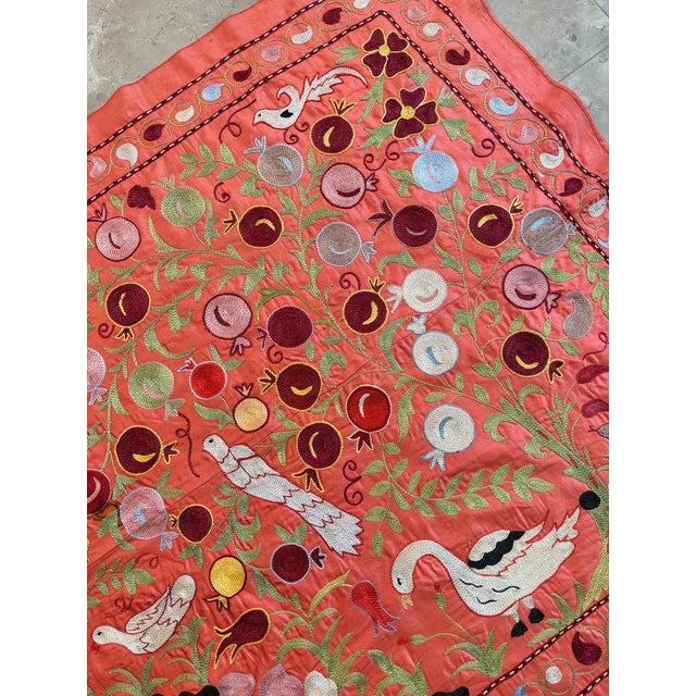 Textile Coral Silk Suzani Wall Decor With White Cranes For Sale - Image 7 of 9