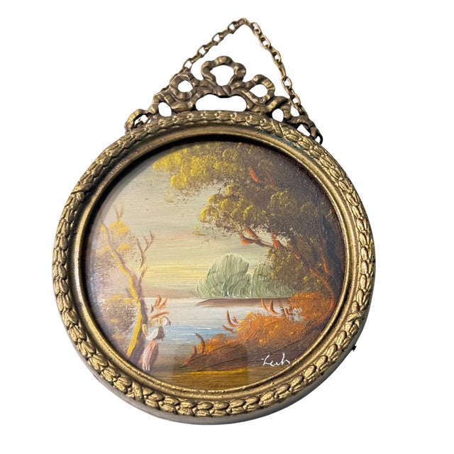 Vintage Italian Miniature Oil Landscape Painting in Ornate Victorian Brass Frame | Signed For Sale - Image 12 of 12