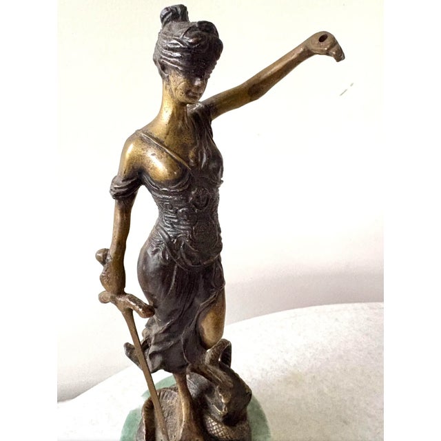 Early 20th Century Art Deco Bronze Statue of Lady Justice Mounted on Green Marble Base, Signed by Artist Alois Mayer For Sale - Image 4 of 6