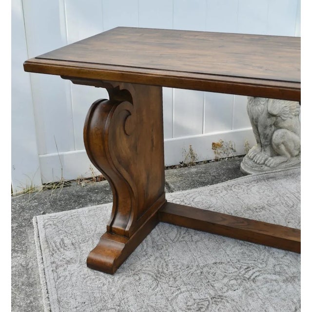 Wood Ethan Allen Teak Table Vintage Wayfarer Console Wood Empire Trestle Sofa Entry For Sale - Image 7 of 12