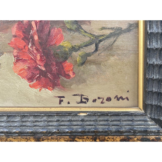 Carnations – oil on panel – f. Baroni oil painting on panel depicting red and white carnations in a basket, signed f....