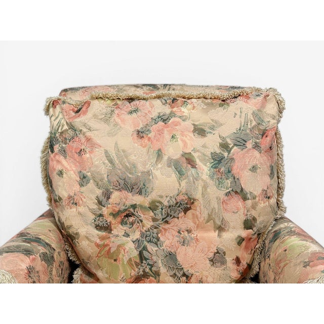 Textile Traditional, Rolled Arm Lounge Chair, Floral Fabric, Wood, Usa, 1980s For Sale - Image 7 of 11