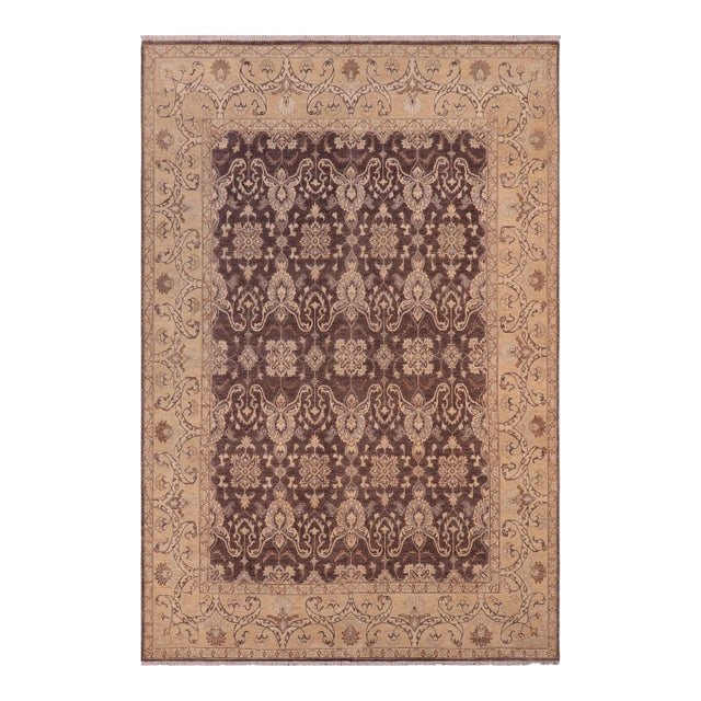 Boho Chic Ziegler Charcoal Beige Hand-Knotted Wool Rug - 7'10'' X 9'8'' For Sale