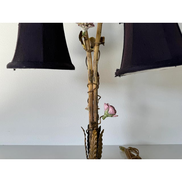 1960s Italian Hollywood Regency Gilt Tole and Porcelain Flowers Desk Lamp/ Sold For Sale In Miami - Image 6 of 12
