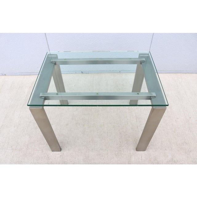 1980's Custom Made Brushed Stainless Steel & Clear Glass Rectangular Side Table For Sale - Image 4 of 12