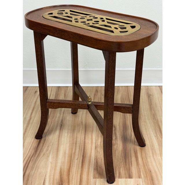 Wood Vintage Wood With Brass Insert Side Table Candle Stand Kettle Table For Sale - Image 7 of 10