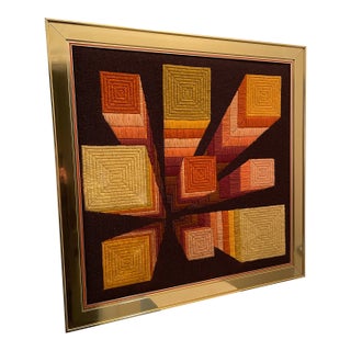 1970s Signed French Op Art Geometric Wool Textile Tapestry “Les Blocs” Framed For Sale
