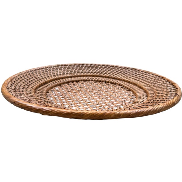 Vintage Woven Rattan Charger Tray | Round Natural Fiber Tabletop Decor For Sale - Image 4 of 5