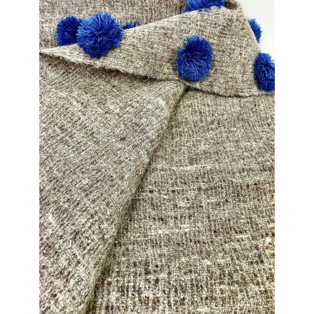 Textile Mexican Blue and Gray Wool Pompom Chamula Shawl Blanket For Sale - Image 7 of 10