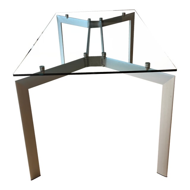 Seccose Modern Industrial Metra Dining Table: Glass on Brushed Aluminum For Sale