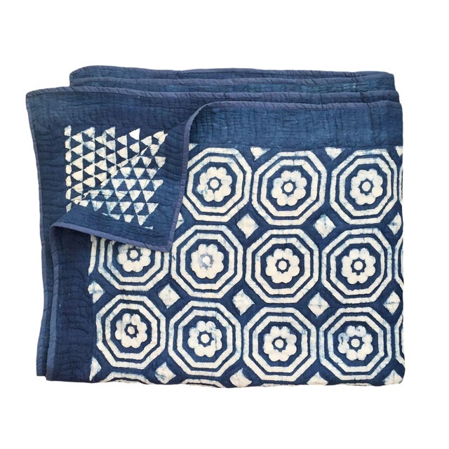 Contemporary King Mandir Navy Blue Cotton Quilt For Sale