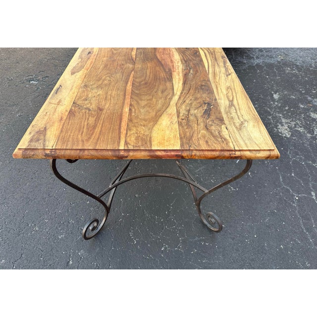 1990s French Handcrafted Live Edge and Wrought Iron Base Dining Table For Sale In Miami - Image 6 of 9