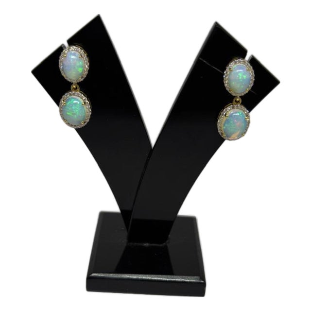 Natural Opal 4.44cts & Diamond 0.53cts Earring in 14k Gold For Sale