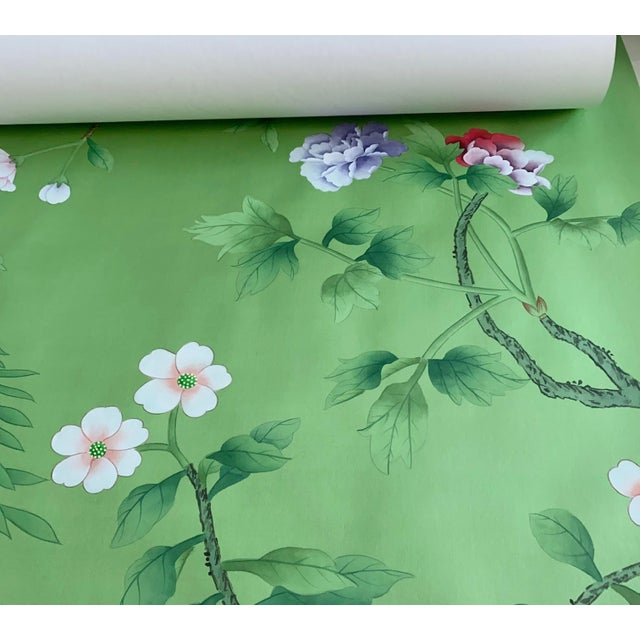 30"*72"/Panel, a Set of 5 Chinoiserie Tropical Forest Birds and Flowers on Emerald Silk Panels For Sale - Image 9 of 10