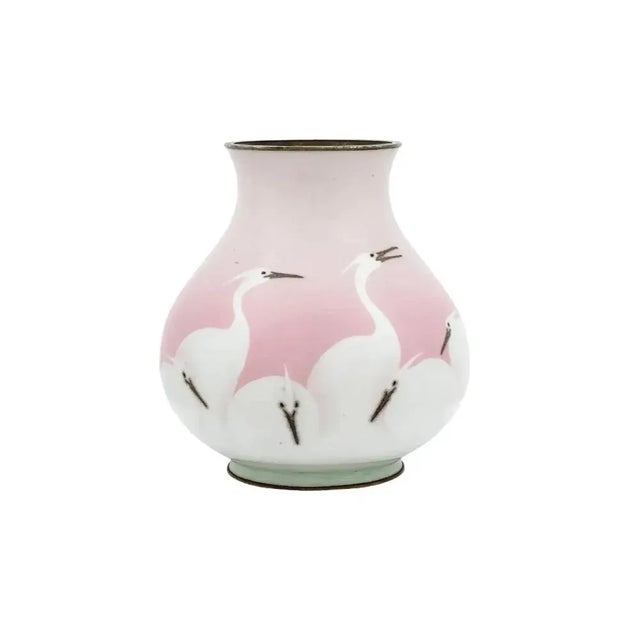 Late 19th Century Japanese Meiji Era Wireless Cloisonne Pink Crane Enamel Vase For Sale - Image 4 of 6