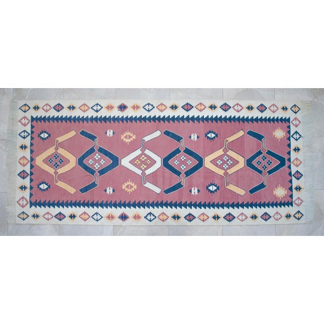 3x7 Pink Navy Silk Kilim, Modern Turkish Flatweave Runner, Handwoven Entryway Corridor Rug, Geometric Tribal Runner For Sale - Image 18 of 18