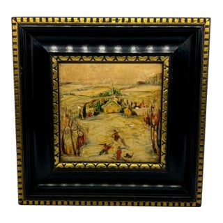 Enamel on Tile Painting, Landscape Winter Scene With Figures, Framed and Signed For Sale