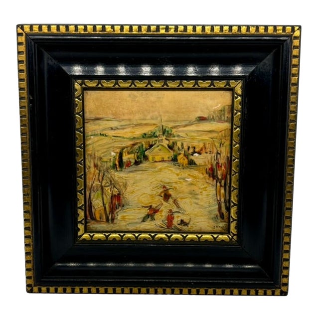 Enamel on Tile Painting, Landscape Winter Scene With Figures, Framed and Signed For Sale