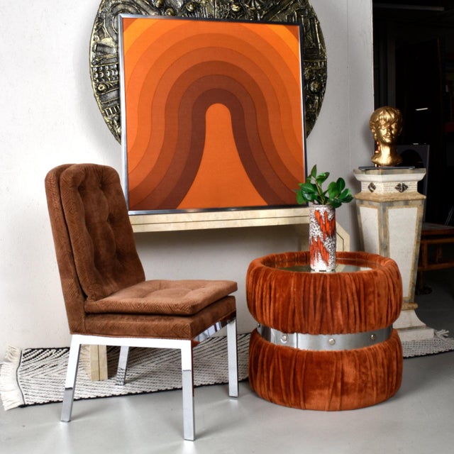 1970s Pair of 1970s Burnt Orange Draped Round Side Tables With Mirror Glass Tops For Sale - Image 5 of 9