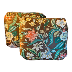 Tropical Floral Chintz Pillows on Brown Ground - A Pair