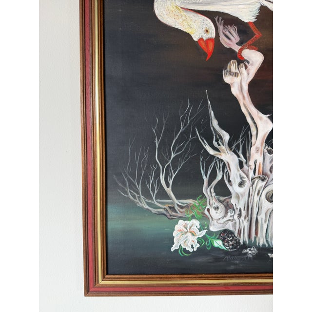 Wood 1970s Vintage Surrealist Bird & Tree Oil on Canvas Painting, Framed, Signed b.d.c. For Sale - Image 7 of 12