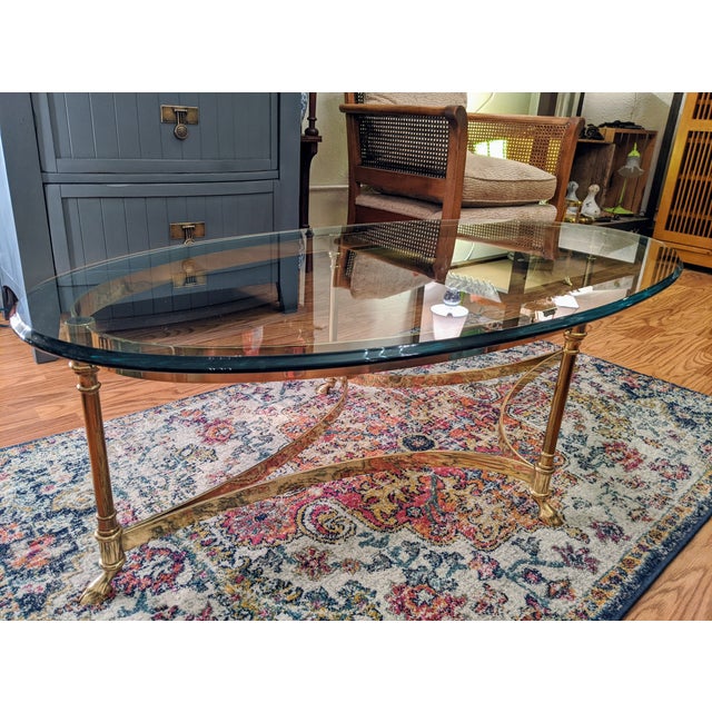 La Barge Oval Hoofed Brass Glass Top Coffee Table For Sale - Image 6 of 6