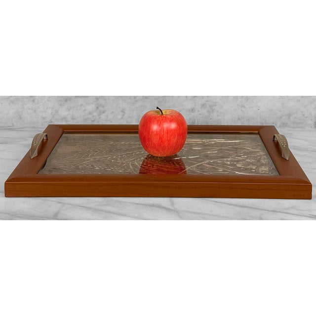Original 1980's Traditional Butlers Serving Tray Laminated Cherry Frame with Brushed Metal Side Handles Glass Top with...