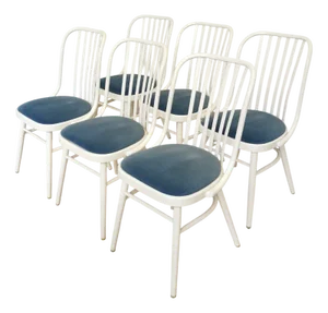 Vintage Bentwood Dining Chairs with Blue Fabric Seats, 1970s, Set of 6