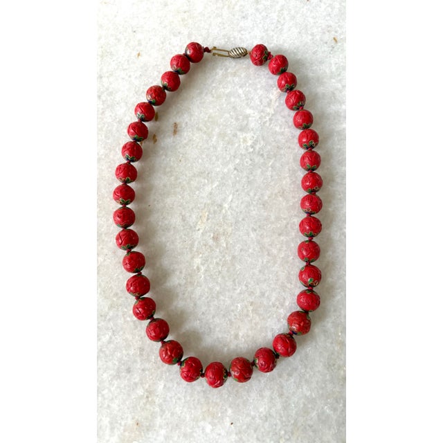 Rare Antique Cinnabar Enamel Inlay Beaded Necklace For Sale - Image 4 of 5